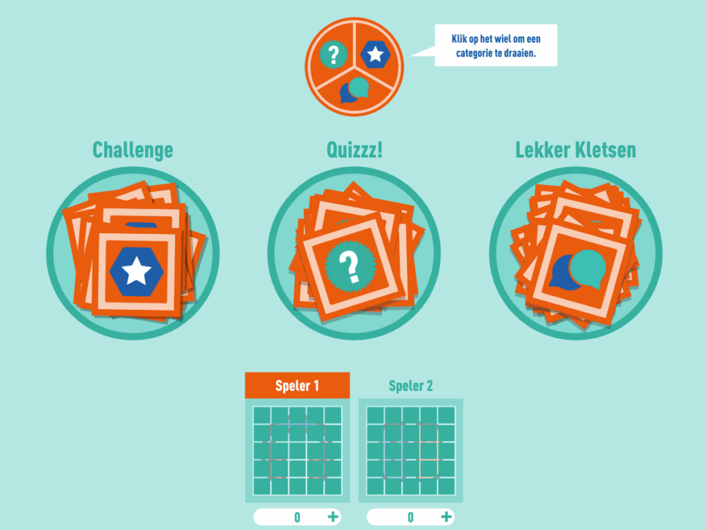 Overzicht van level up your balance spel met verschillende soorten kaartjes: challenge, quiz en lekker kletsen